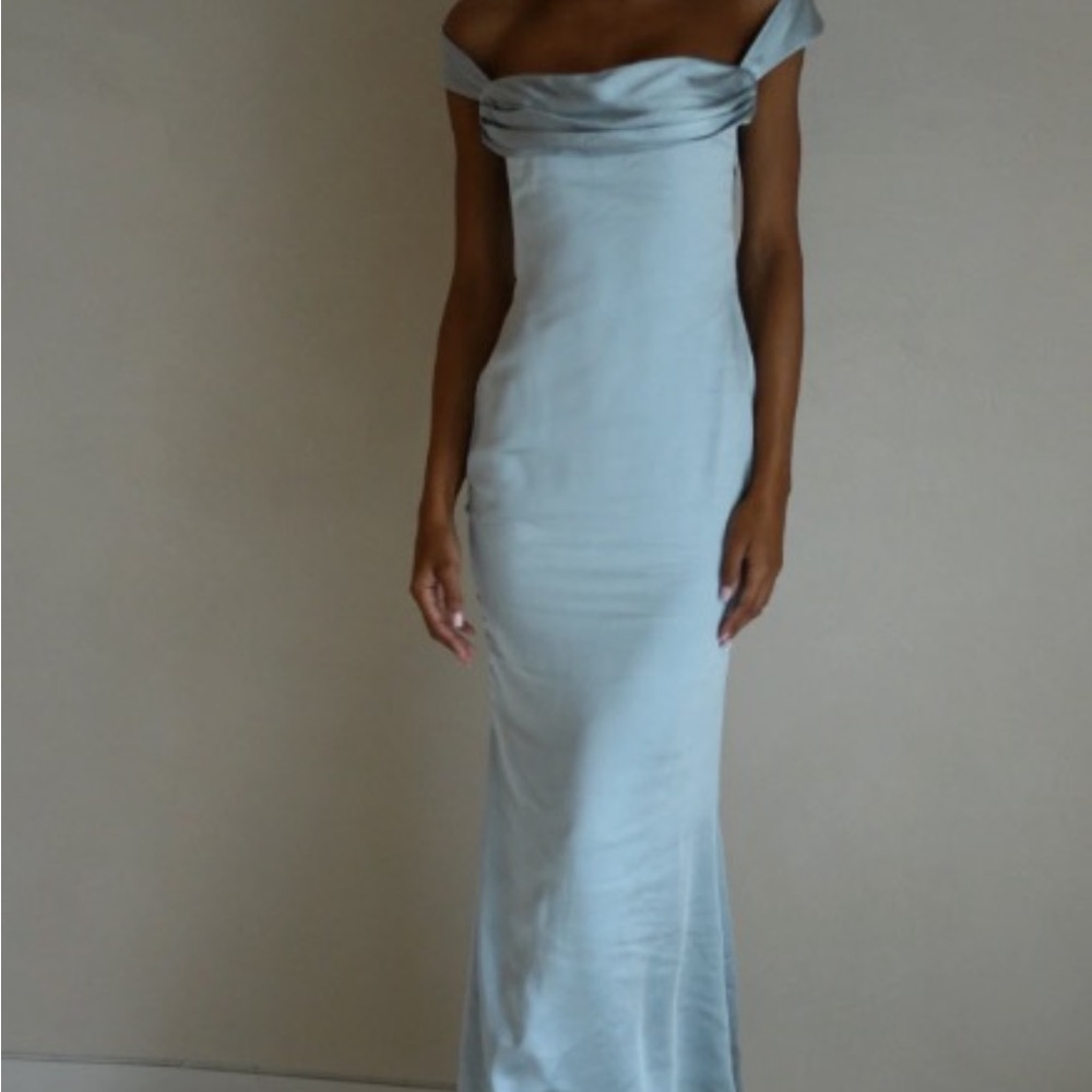 meshki Lacey Backless Satin Maxi Dress ice blue